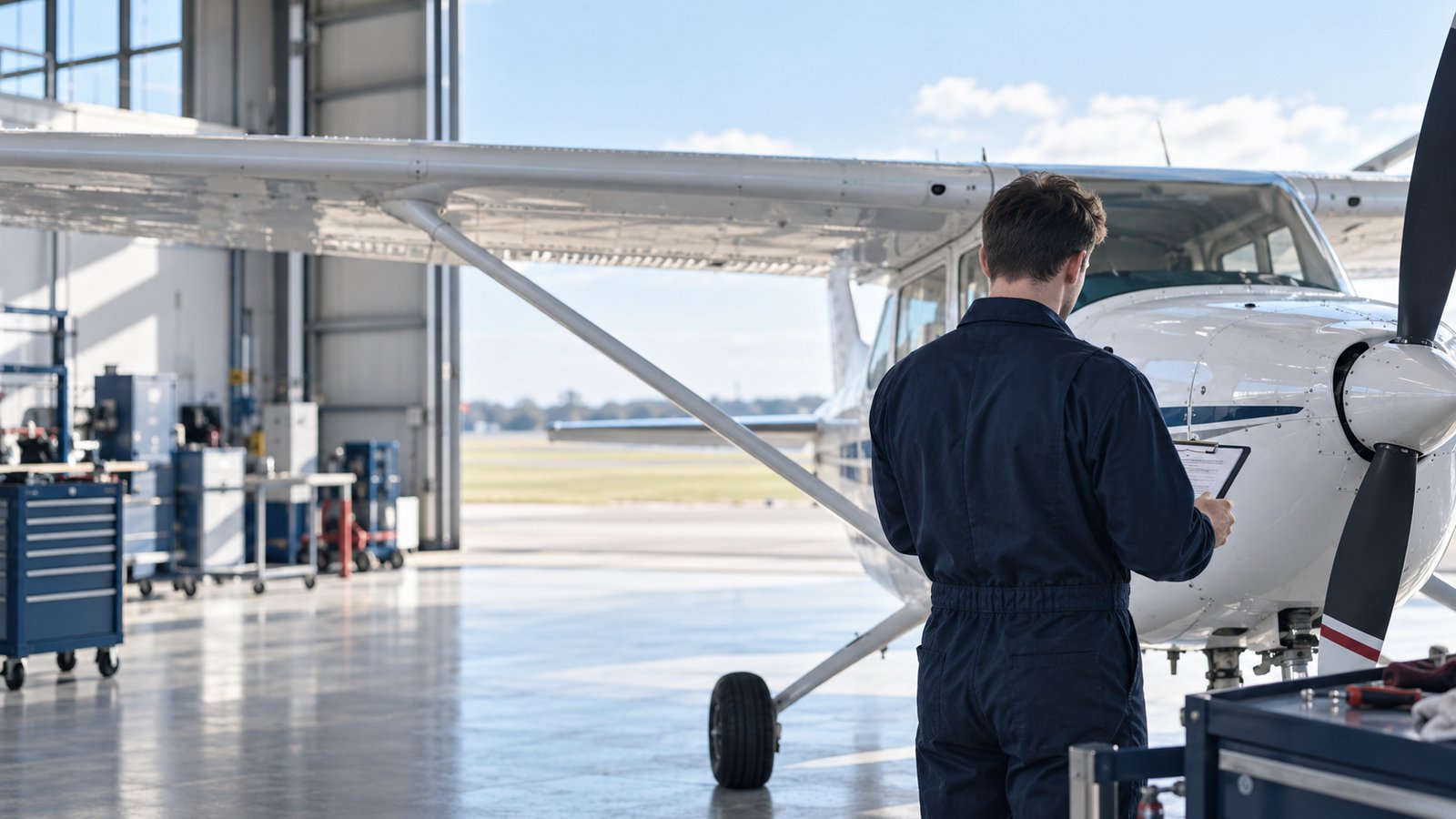 Aircraft maintenance training in a hangar